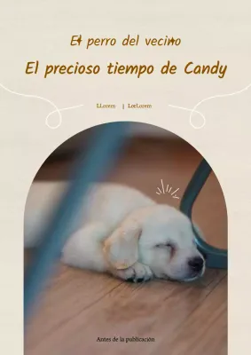 Presentación de la historia de un simpático cachorro sobre un fondo de textura de papel marfil con toques marrones