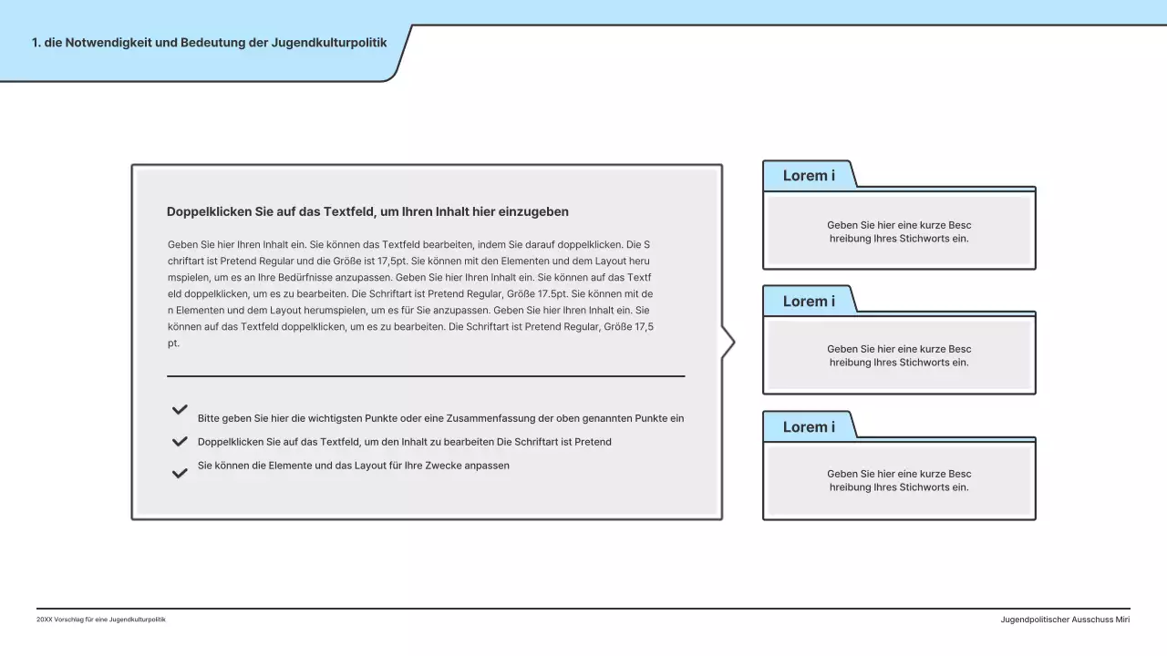 Ein politischer Vorschlag mit einer sauberen Illustration in Hellblau und einer Indexpunktform.