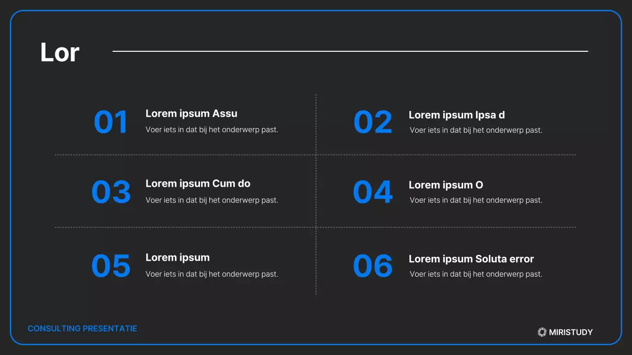 Een minimalistische toelatingspresentatie in zwart en blauw
