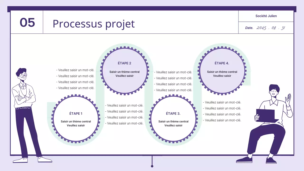 Une proposition avec des éléments de rouage de couleur violette et menthe