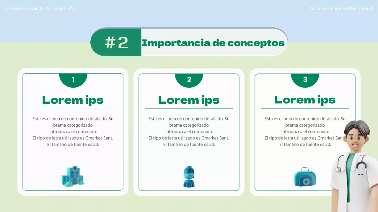 Introducción al concepto de atención sanitaria estacional con ilustraciones en 3D en colores chartreuse y azul claro.