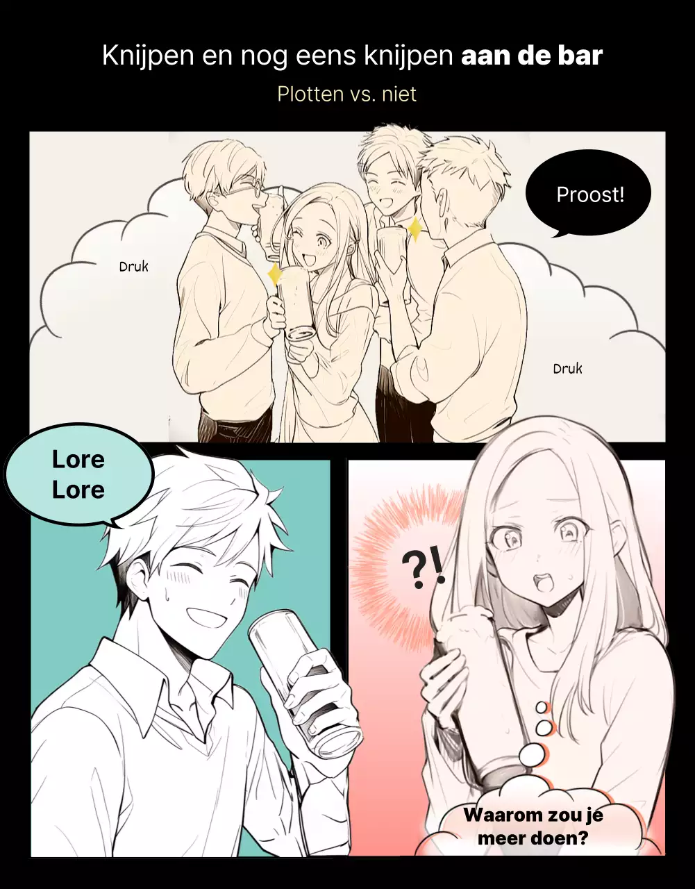 Plottende webtoon van mannelijke en vrouwelijke opwinding op een zwarte achtergrond