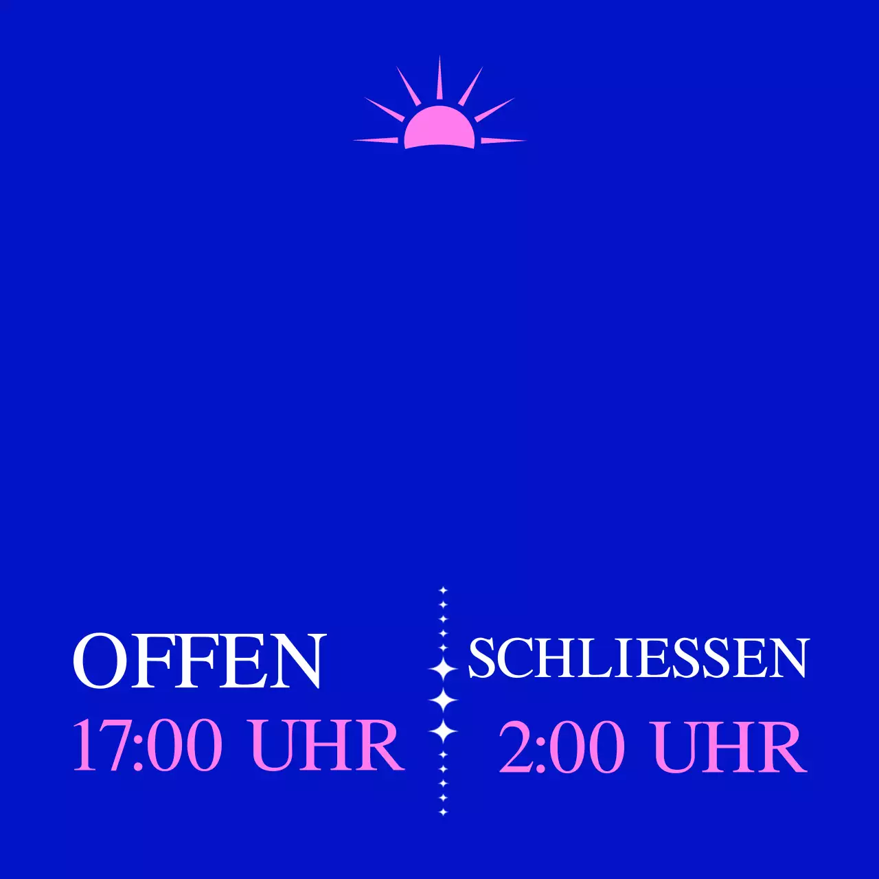Werbung für eine Cocktailbar mit einer blau-rosa Sonnenillustration