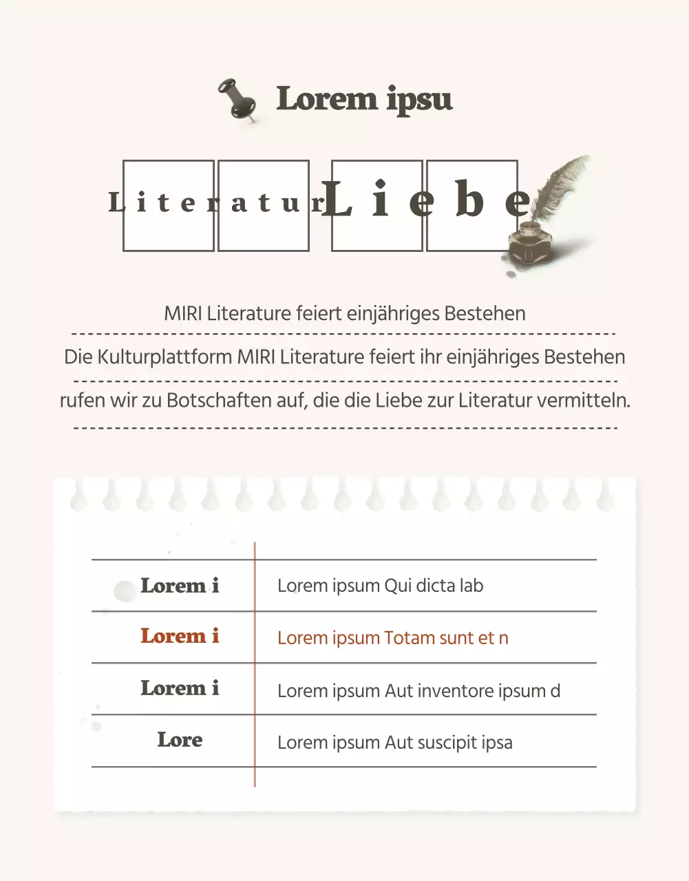 Wir veranstalten einen Wettbewerb für ein literarisches Liebesmotto im schlichten Vintage-Stil in Beige und Braun.