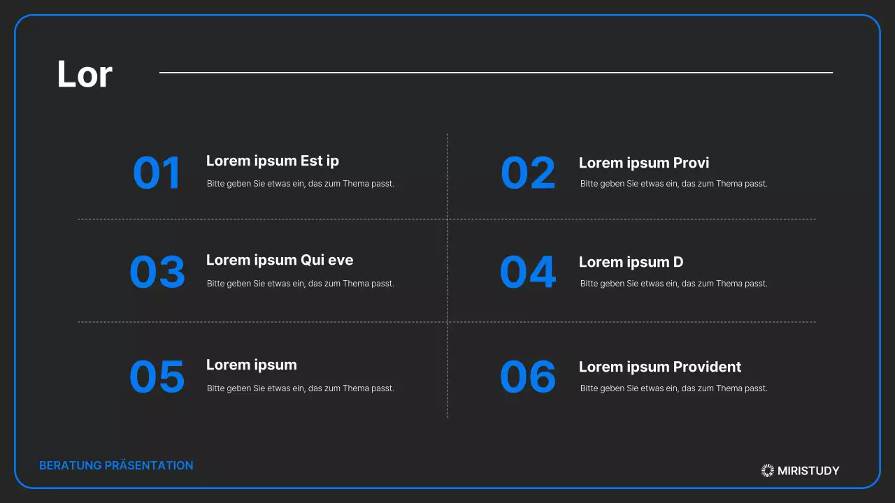 Eine minimalistische Zulassungspräsentation in Schwarz und Blau