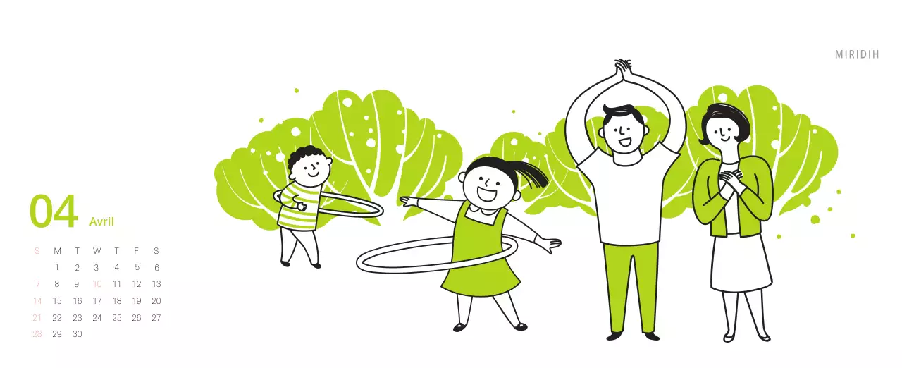 Calendrier de bureau illustré vert sur le thème de la famille