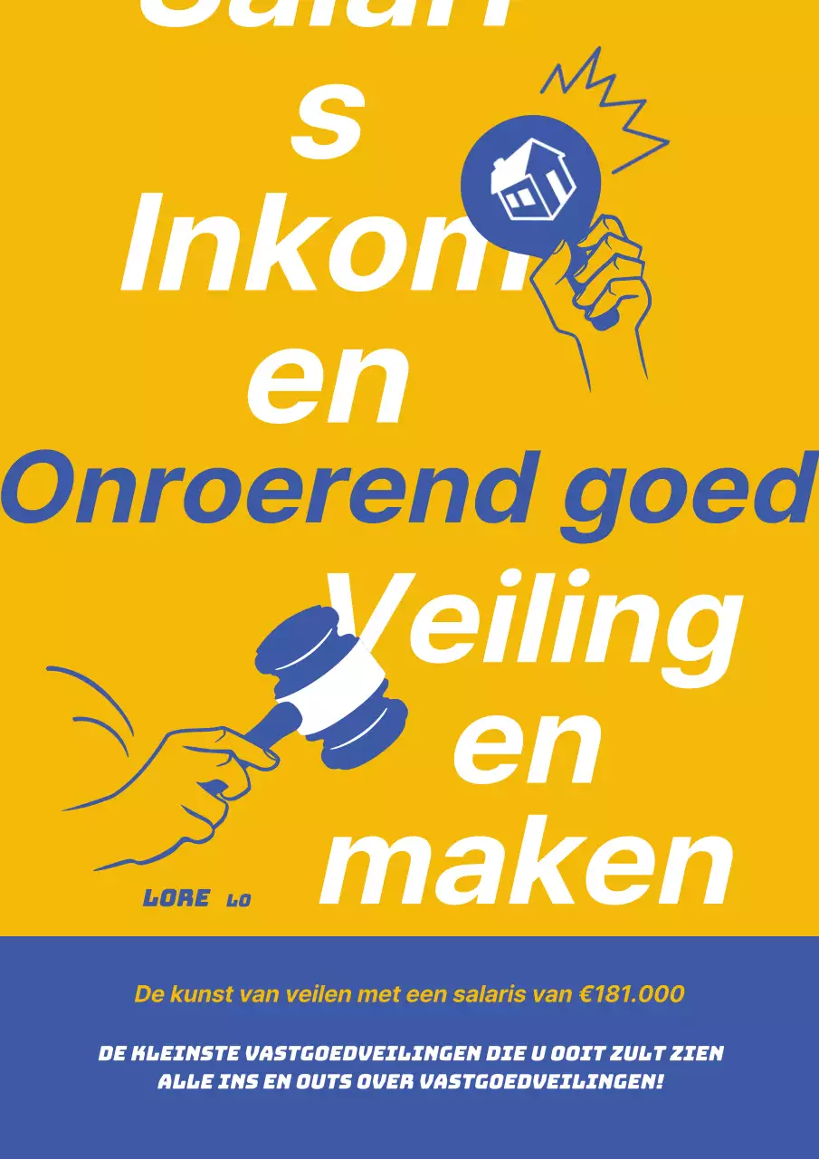 Eenvoudige gele en blauwe boekomslag van een vastgoedveiling