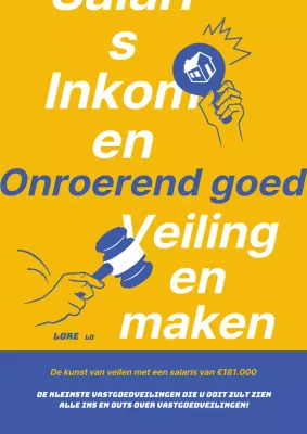 Eenvoudige gele en blauwe boekomslag van een vastgoedveiling