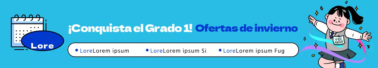 Promoción escolar con una ilustración de alumnos con uniforme azul