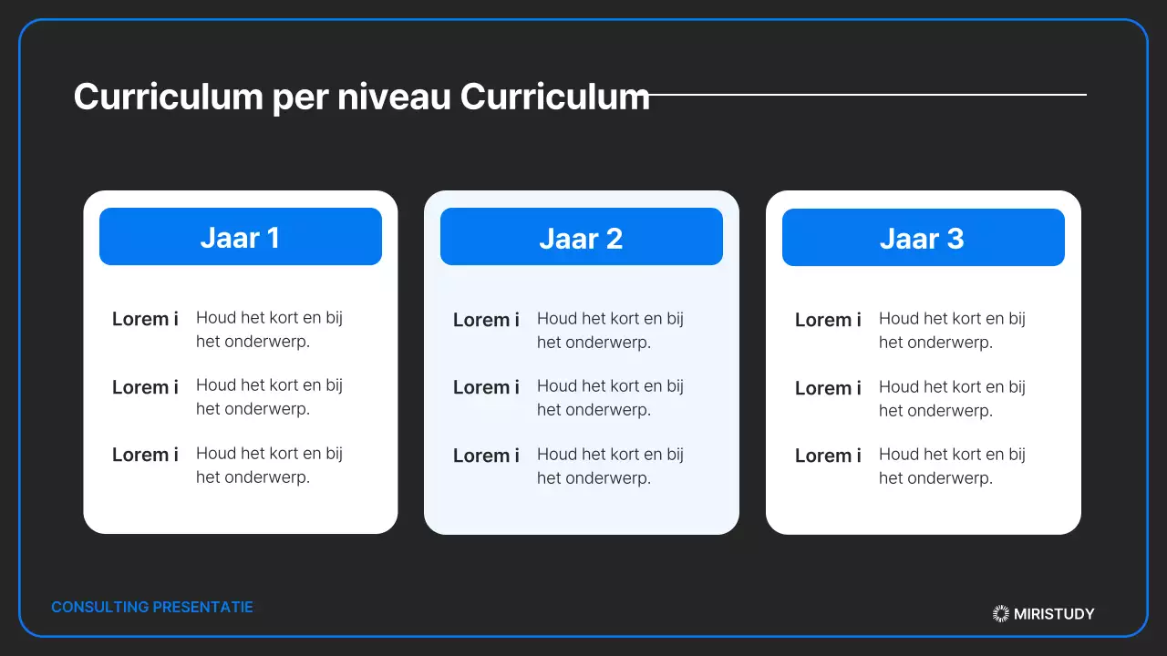 Een minimalistische toelatingspresentatie in zwart en blauw