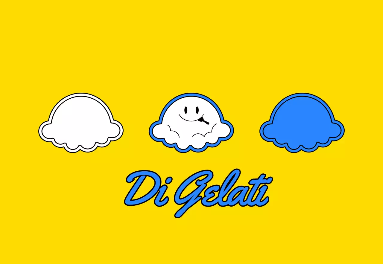 Promuovere una gelateria di concetto con un'illustrazione di un personaggio di gelato giallo e blu