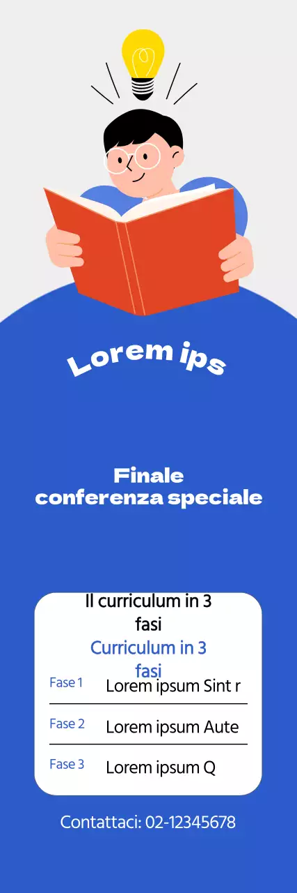 Promozione scolastica con illustrazione blu di uno studente che legge un libro