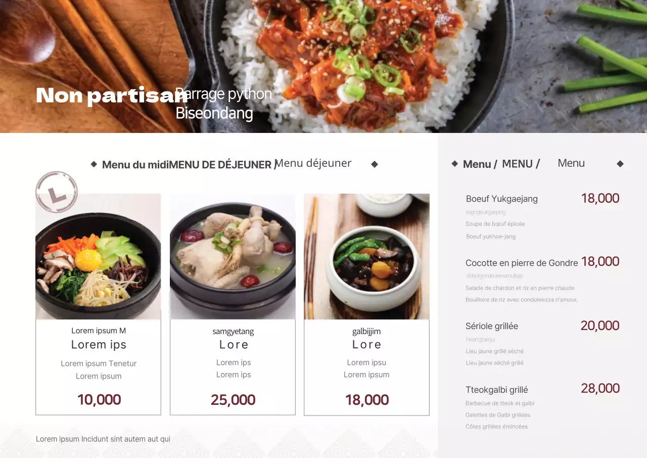 Panneau de menu multilingue coréen avec photos et schéma de couleurs blanc