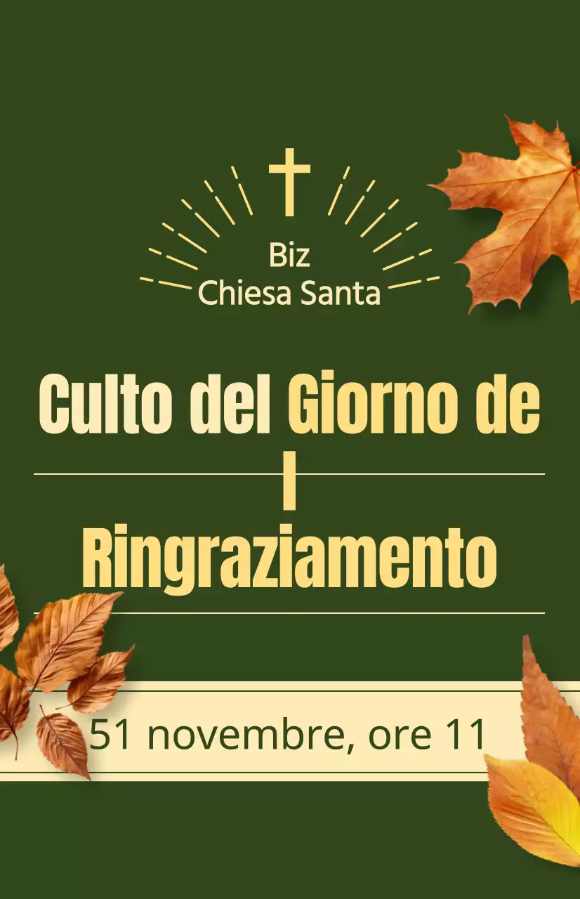 Promozione di un servizio autunnale della chiesa con testo relativo al Giorno del Ringraziamento e un'illustrazione fotografica di foglie che cadono.