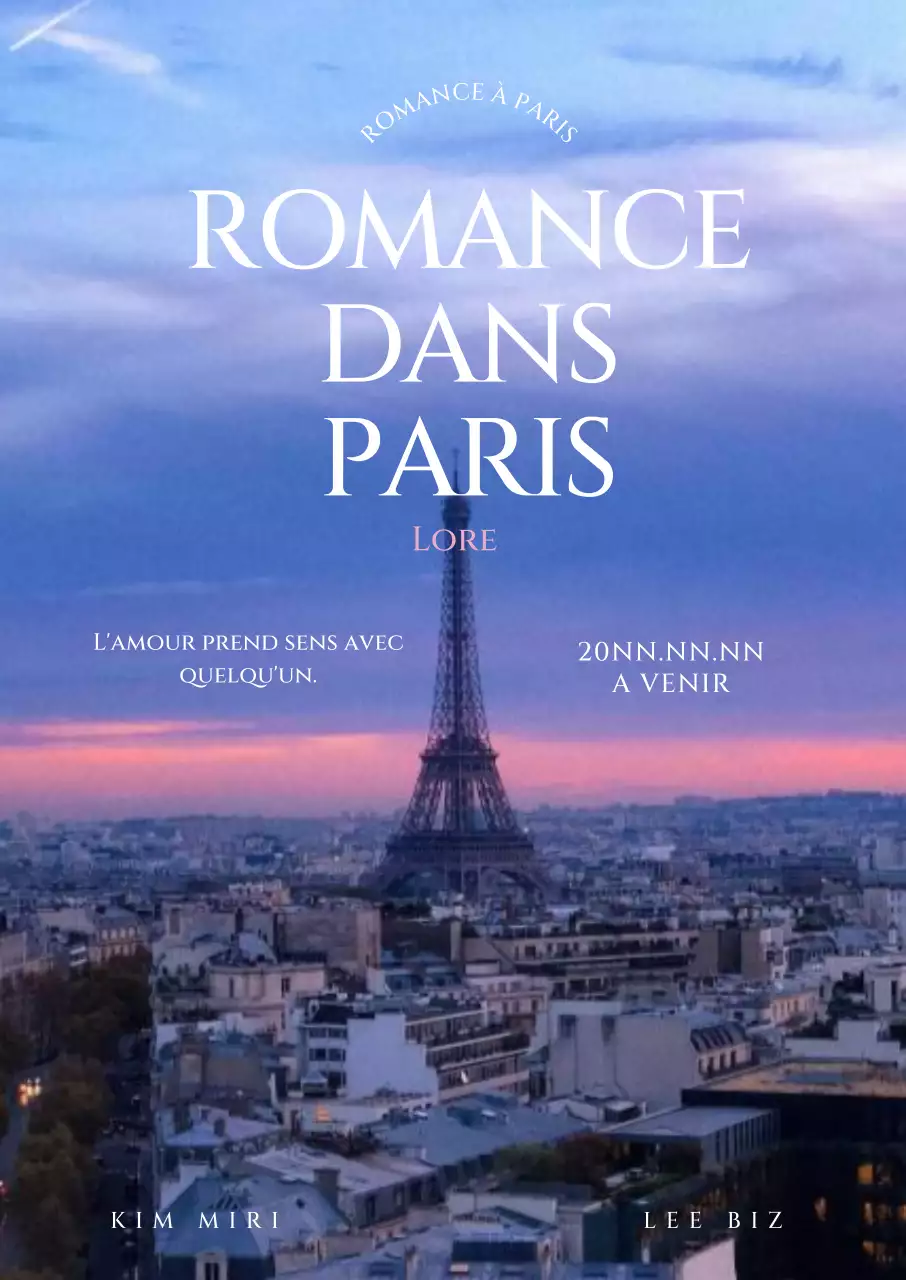 Affiche promotionnelle de film avec une liste de lettres sur fond de Tour Eiffel à Paris au coucher du soleil.