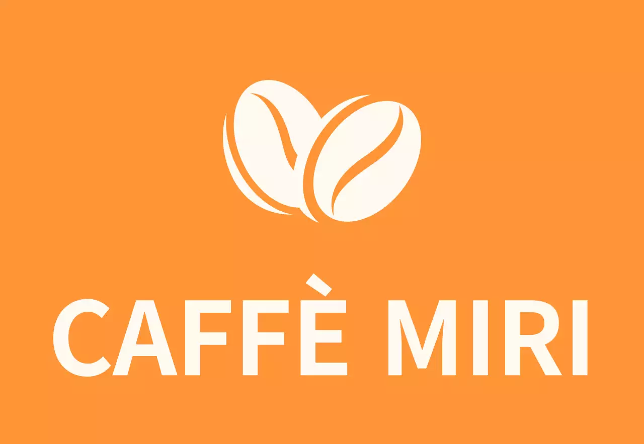 Insegna semplice con testo Miricafe arancione e bianco e nero e illustrazioni di fagioli.