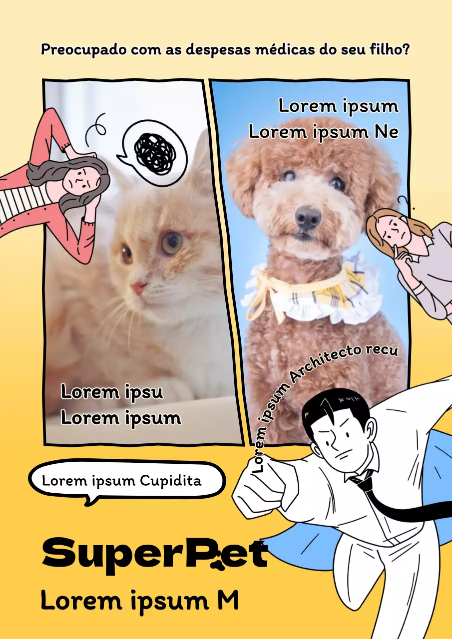 Um conceito de banda desenhada de um anúncio de seguro para animais de estimação com ilustrações humanas e de animais amarelos
