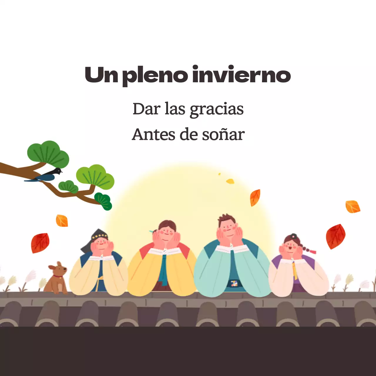 Mediados de otoño con una luna llena amarilla y una familia vestida con hanboks