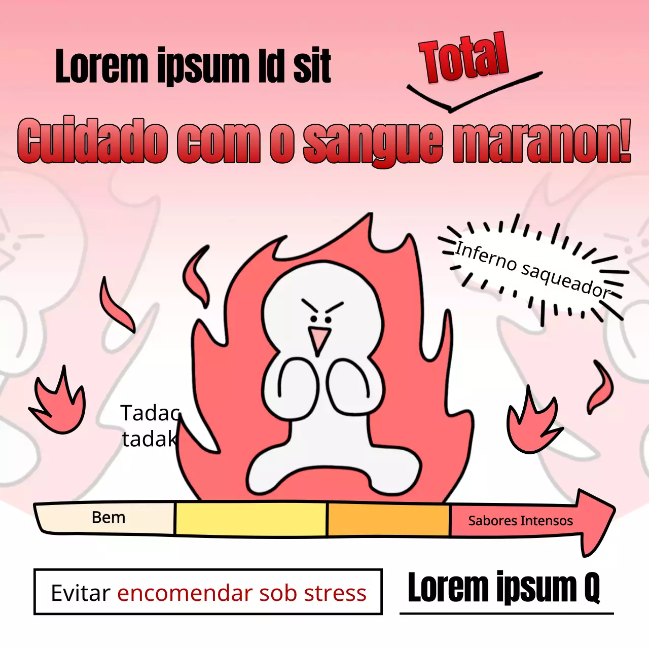Promoção para o lançamento do Maratteokbokki, um conceito de desenho animado de chama picante com um gradiente vermelho.