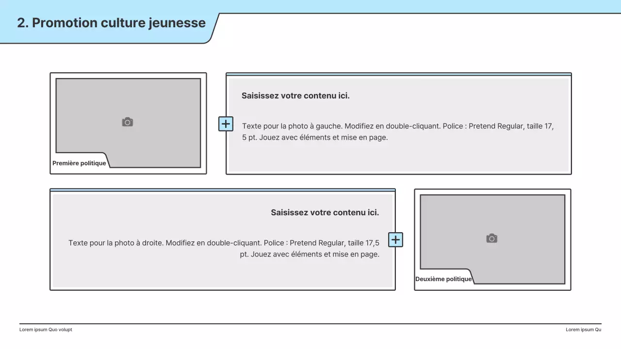 Une proposition politique avec une illustration claire en bleu clair et une forme de point d'indice.