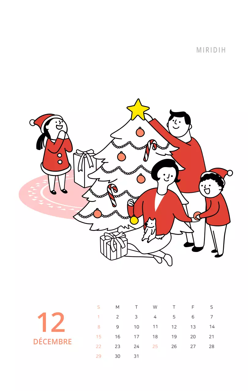 Calendrier de bureau illustré vert sur le thème de la famille