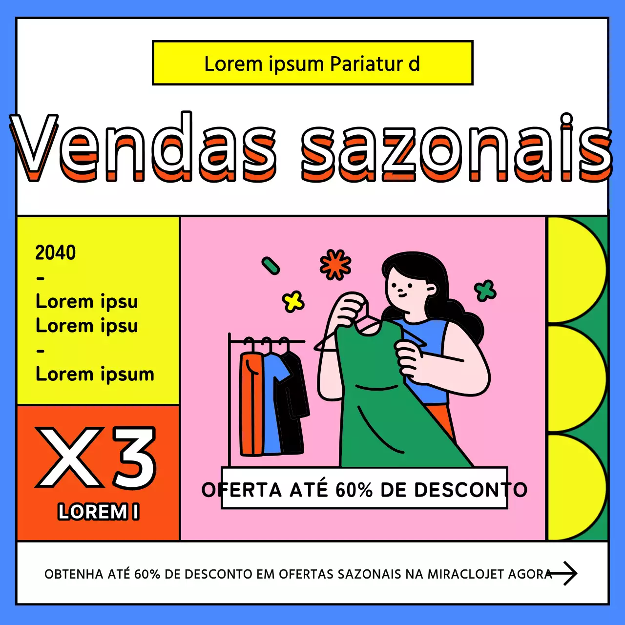 Um toque de azul e arco-íris no seu anúncio de venda de roupa fora de época