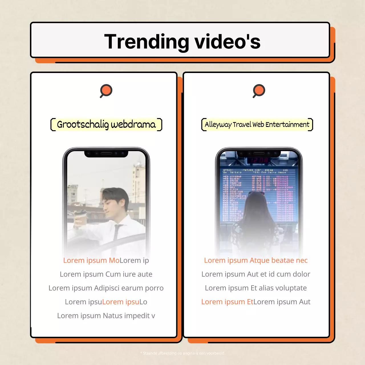 Oranje en wit, modern en strak, met nadruk op marketinginformatie