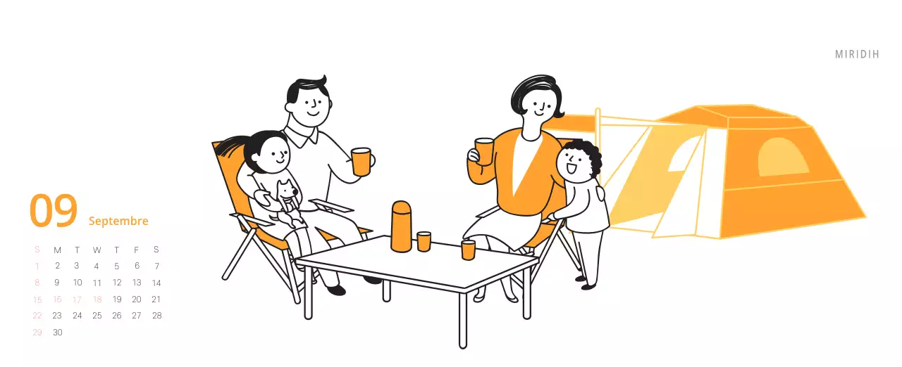 Calendrier de bureau illustré vert sur le thème de la famille