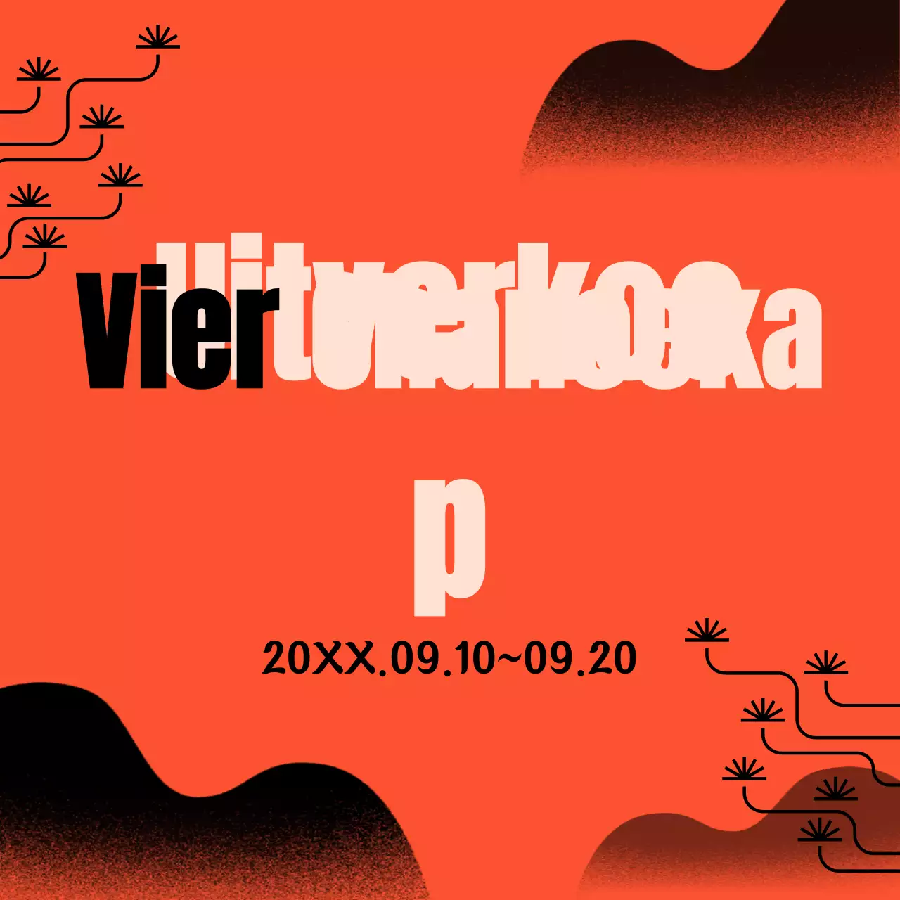 Een geïllustreerde verkooppromotie met een levendige oranje kleur en zwart handgeschreven lettertype voor leesbaarheid