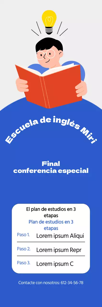 Promoción escolar con una ilustración azul de un estudiante leyendo un libro