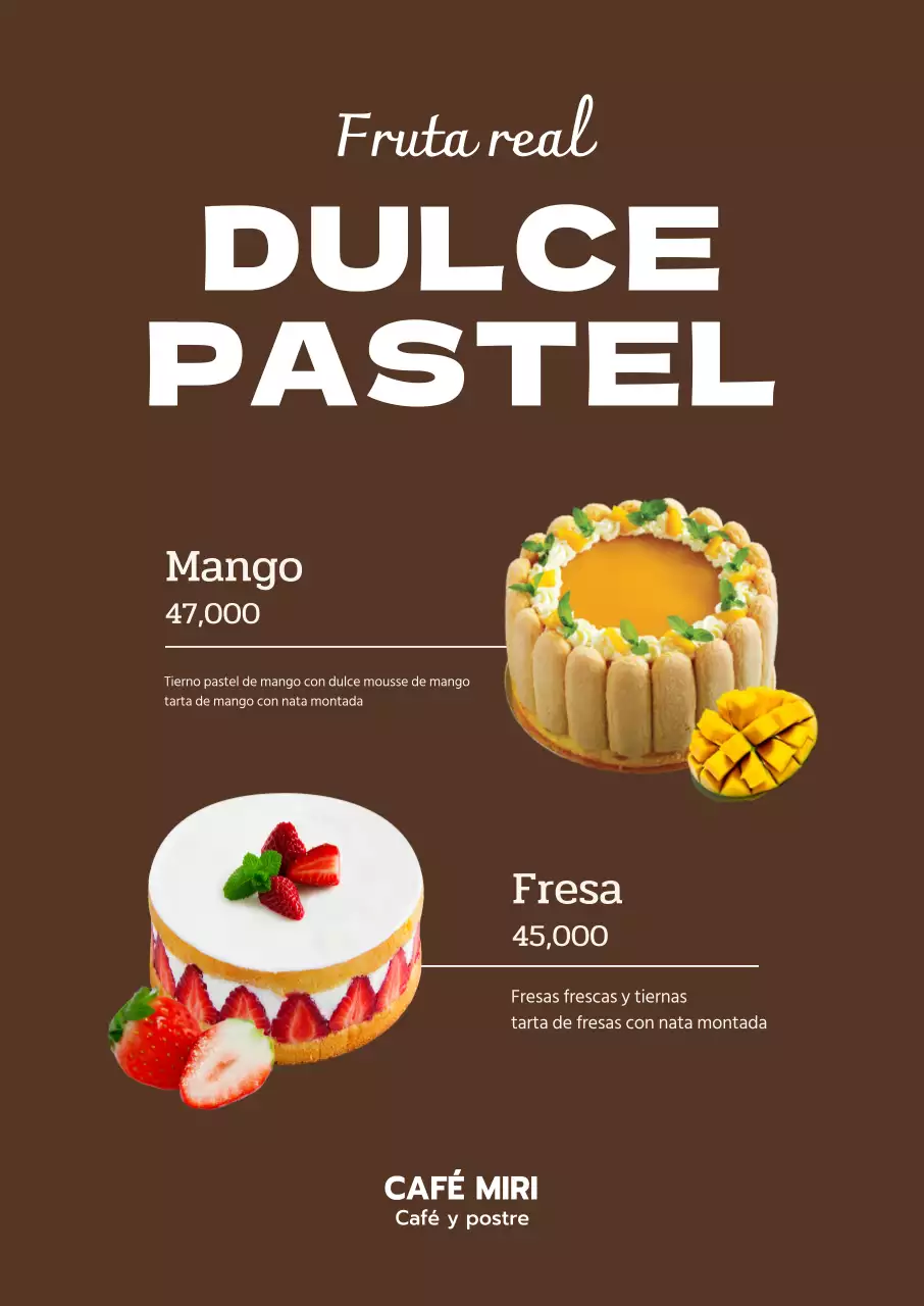 Menú de pastel limpio y sencillo con fondo marrón