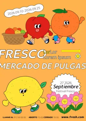 Promover festivales agrícolas con personajes frutales sobre fondos naranjas