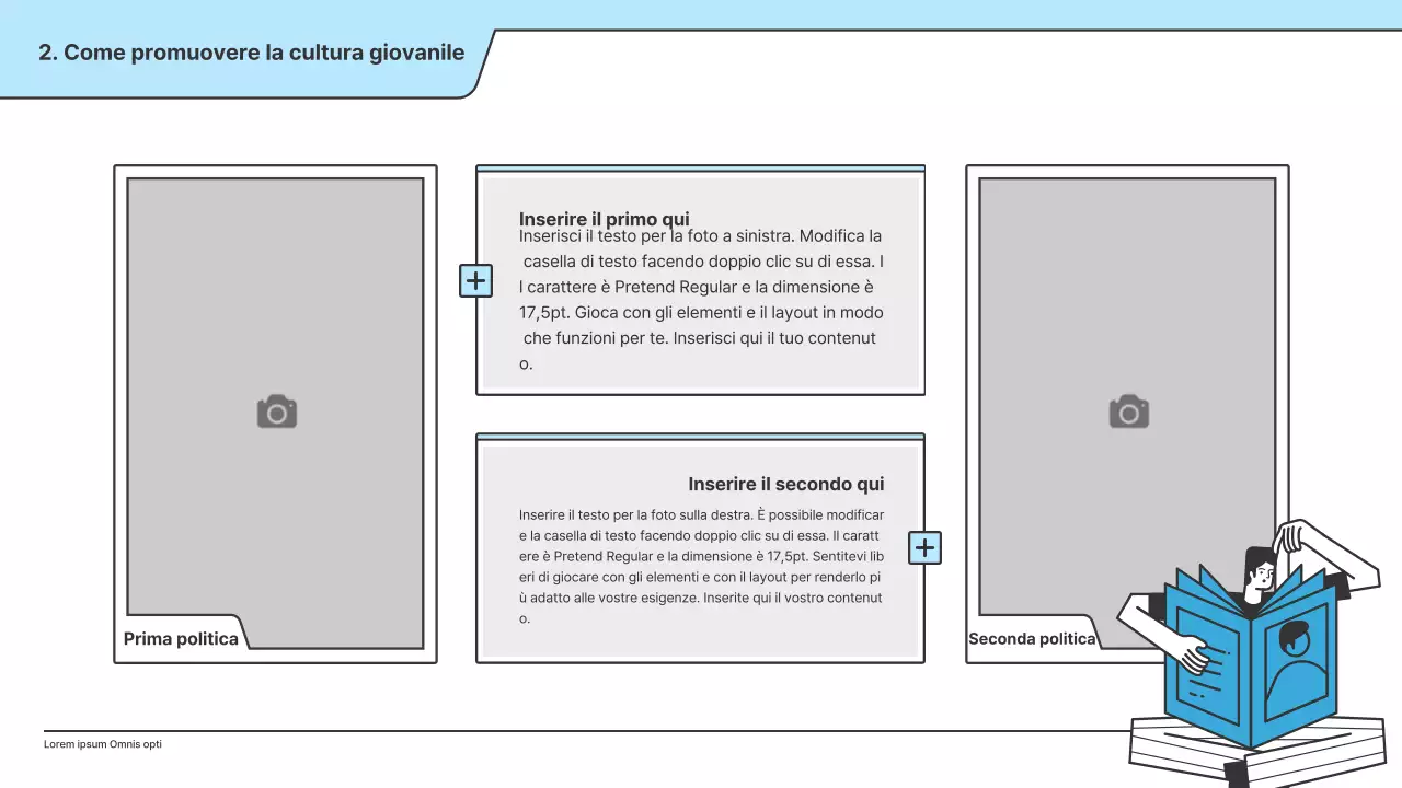 Una proposta politica con un'illustrazione pulita in azzurro e una forma a punto indice.