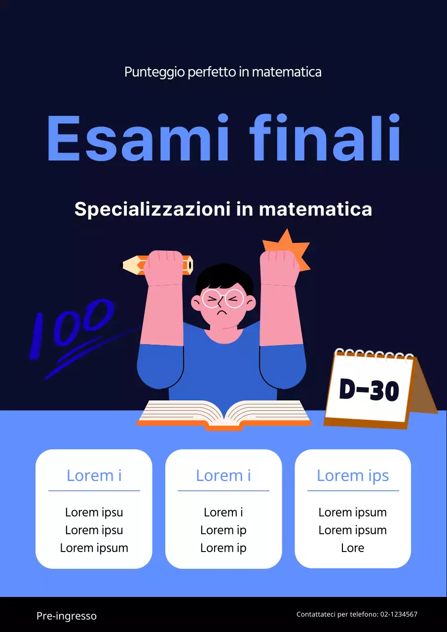Promozione scolastica con illustrazione blu di uno studente che studia per un test