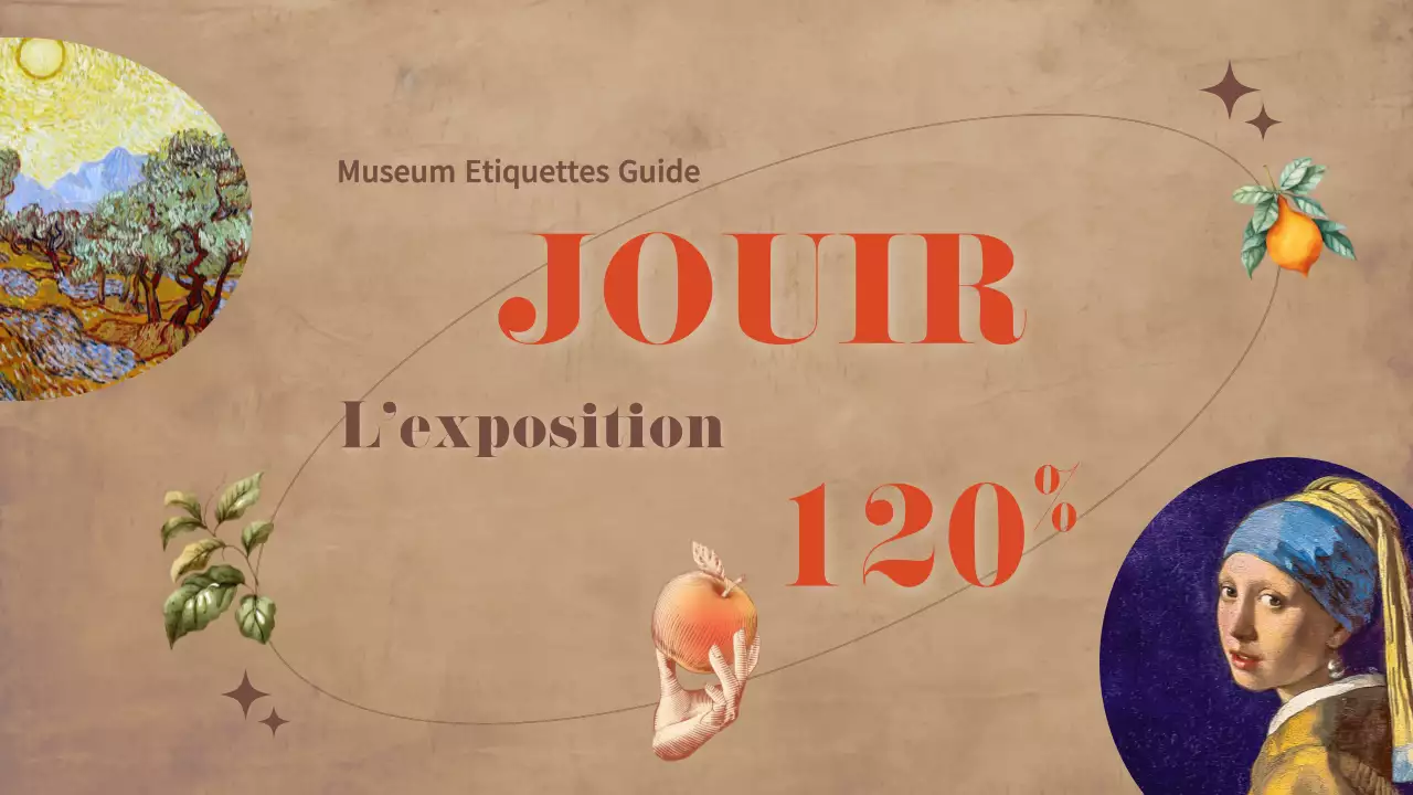 Guide d'une galerie d'art luxueuse avec des fonds bruns et des accents orange