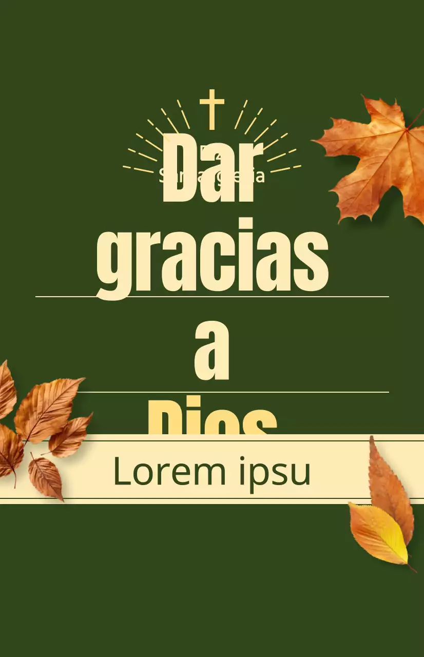 Promoción del servicio otoñal de una iglesia con texto relacionado con Acción de Gracias y una ilustración fotográfica de hojas cayendo.