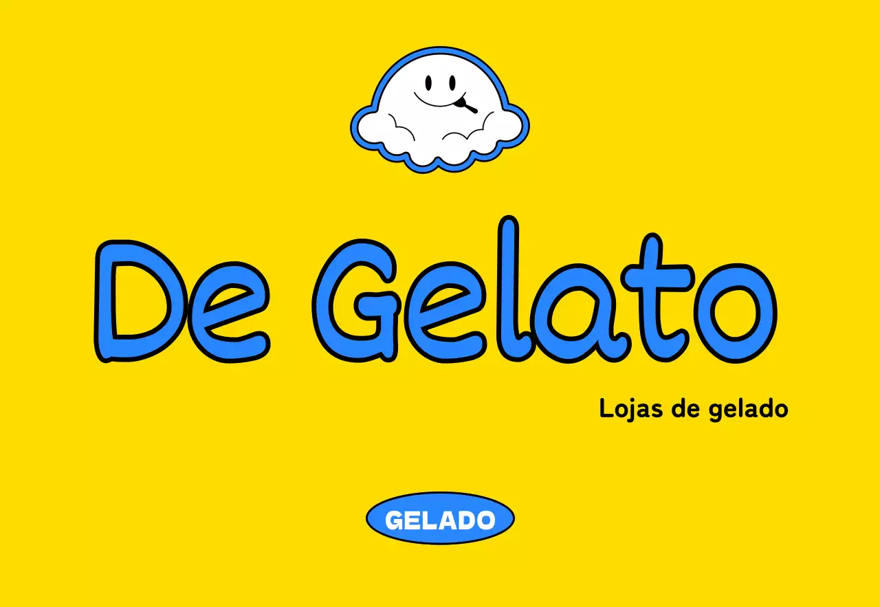 Promoção de uma loja de gelados com uma ilustração de uma personagem de gelado amarela e azul