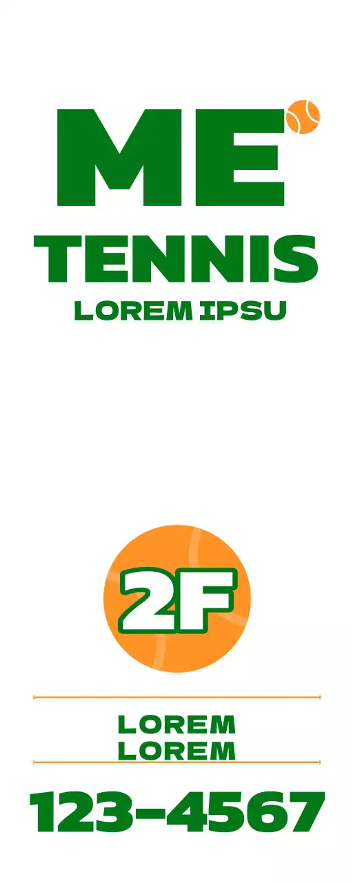 Promozione di una scuola di tennis con un'illustrazione di oggetti da tennis in verde e arancione.