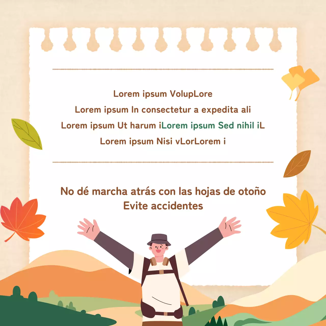 Precauciones de senderismo modernas y básicas para el otoño en naranja y beige