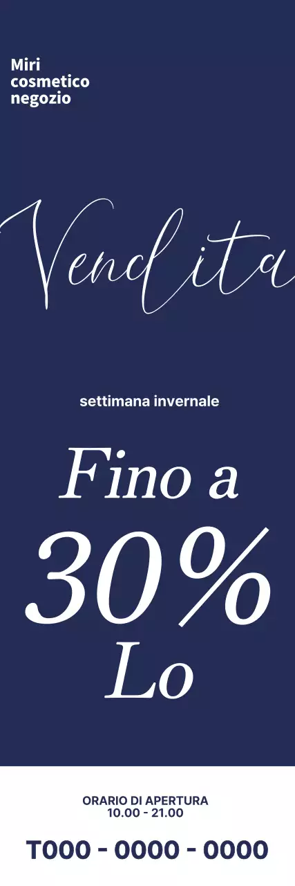 Striscione per un evento per un negozio di cosmetici con scritta SALE in corsivo su sfondo blu scuro