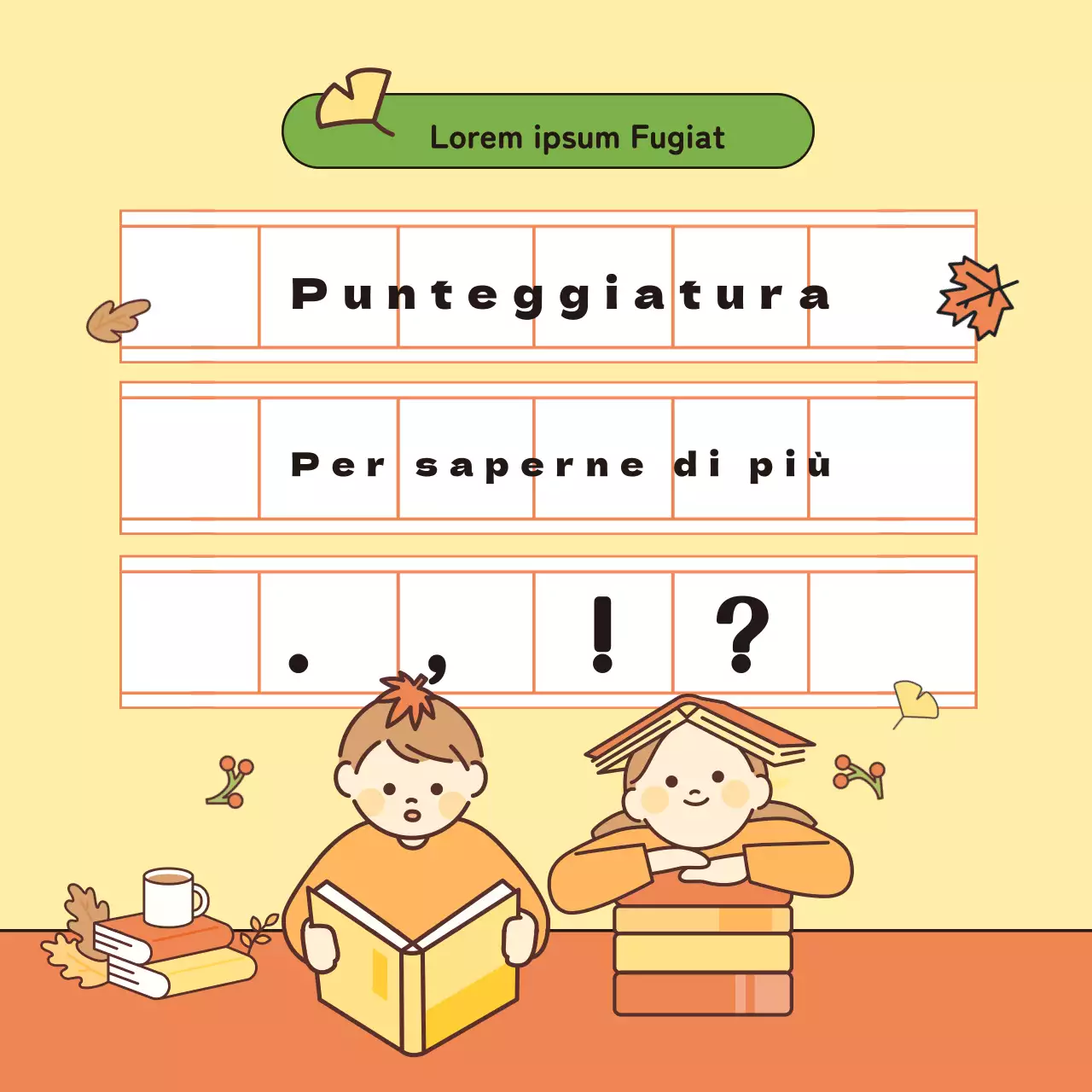 Materiale didattico di lingua coreana con simpatiche illustrazioni in giallo e arancione