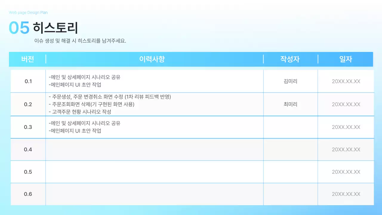 하늘색의 심플한 비즈니스 웹페이지 기획서