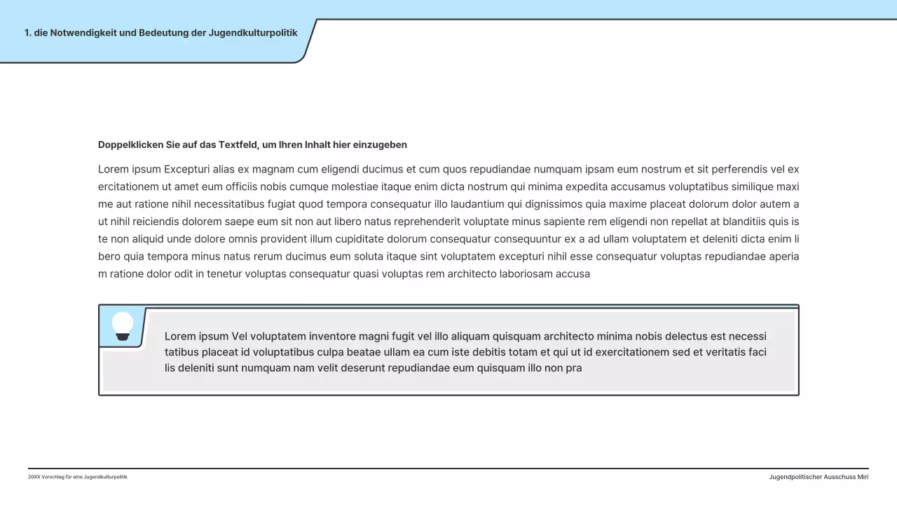 Ein politischer Vorschlag mit einer sauberen Illustration in Hellblau und einer Indexpunktform.