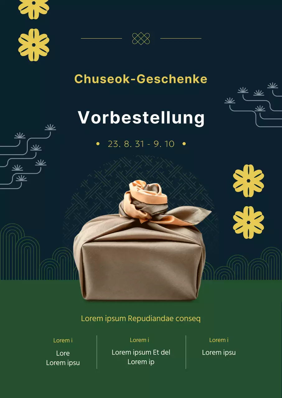 Vorbestellungsaktion für ein luxuriöses Chuseok-Geschenkset mit traditionellen koreanischen Mustern auf marineblauem Hintergrund