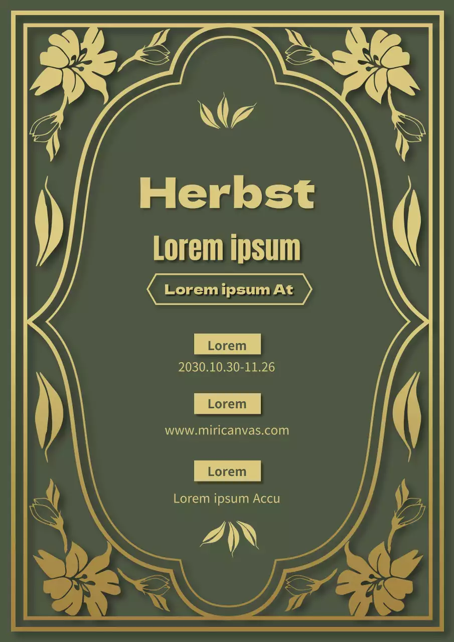 Herbstlicher Jahrmarkt mit oliv- und goldfarbenen Blumen und Blättern