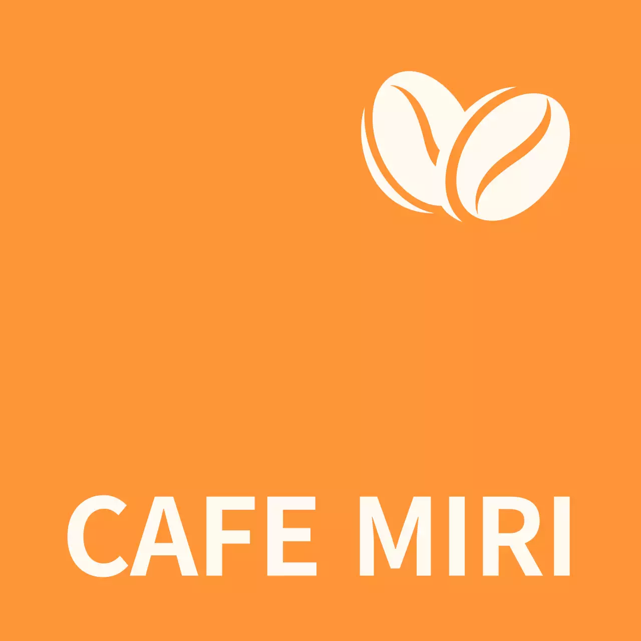 Einfache Schaufensterbeschriftung mit orange-schwarz-weißem Miricafe-Text und Bohnen-Illustrationen