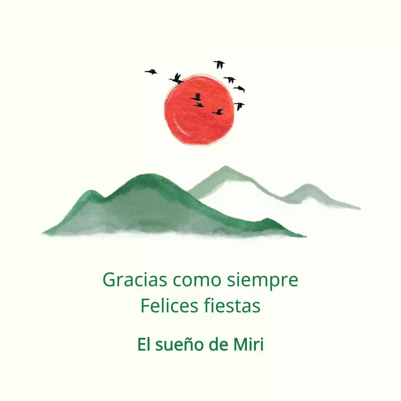 Saludo de pleno invierno con montañas verdes y sol rojo