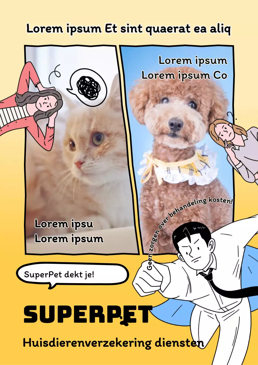 Een cartoon concept huisdier verzekering advertentie met gele dier en mens illustraties