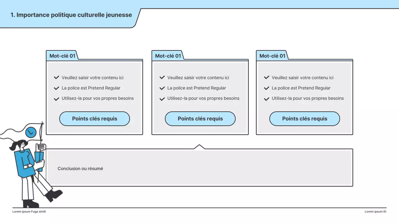 Une proposition politique avec une illustration claire en bleu clair et une forme de point d'indice.