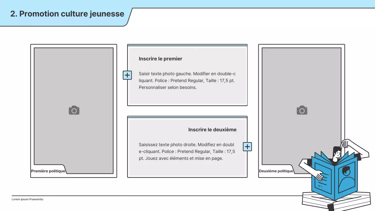 Une proposition politique avec une illustration claire en bleu clair et une forme de point d'indice.